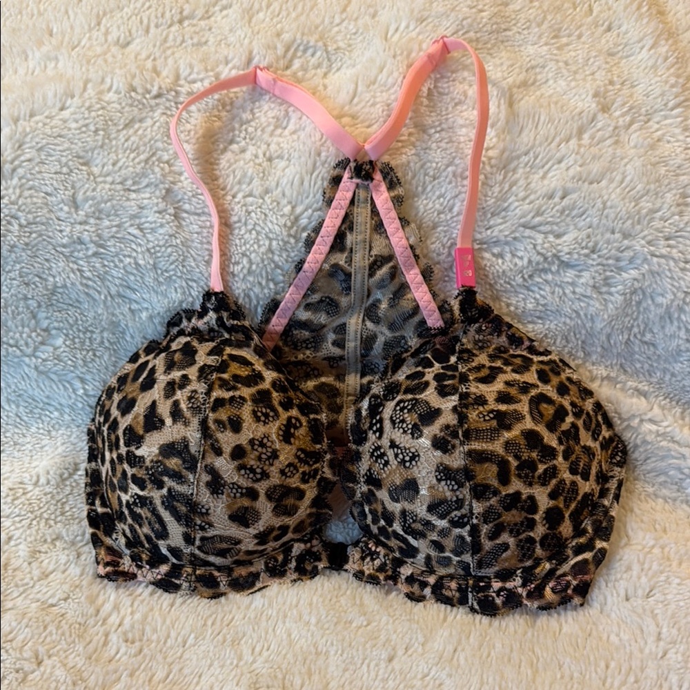 VS PINK Leopard Print Lace Push Up Bra with Pink Straps and Front Closure